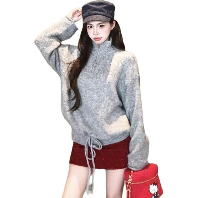 纤丝鸟 设计感撞色字母立领套头软糯宽松外穿针织衫 女款