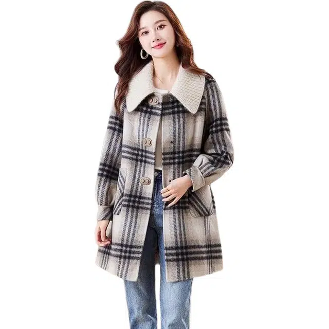 纤丝鸟 时尚休闲百搭复古大衣女格子宽松中长款外套上衣棉服 女款