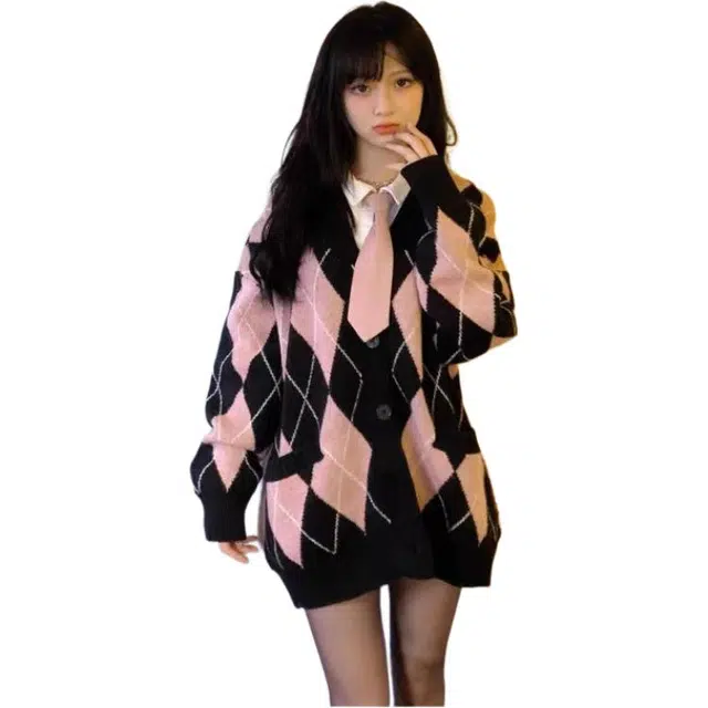 纤丝鸟 撞色奶糖慵懒风学院风菱格宽松显瘦开衫韩式针织衫 女款