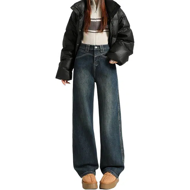 如续 美式复古水洗做旧加绒加厚秋冬超柔弹力直筒高腰修身宽松显瘦提臀百搭阔腿牛仔裤 女款