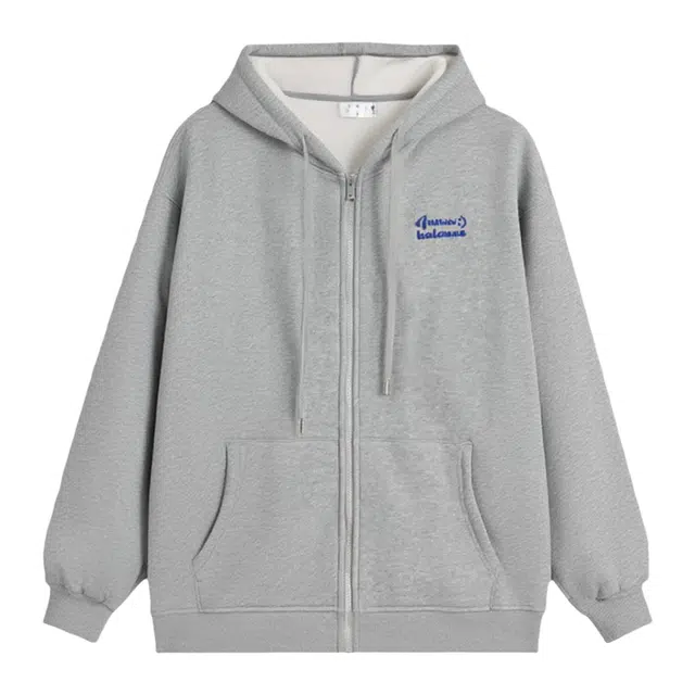 米子旗 羊羔毛冬季拉链宽松型通勤风小个子加绒保暖连帽开衫卫衣 女款