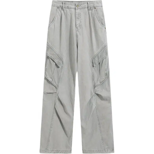 颂希尔 美式复古大口袋褶皱设计个性痞帅直筒阔腿休闲百搭工装裤 男女同款