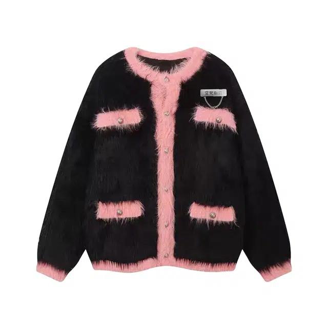 艾梵斯贝 美式复古潮流加厚水貂毛加棉针织开衫小众设计款无性别日常通勤百搭宽松休闲时尚高级感小香风撞色情侣款夹克外套 男女同款