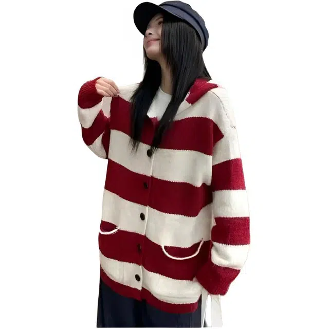 纤丝鸟 慵懒风撞色条纹宽松开衫软糯百搭简约设计上衣针织衫 女款