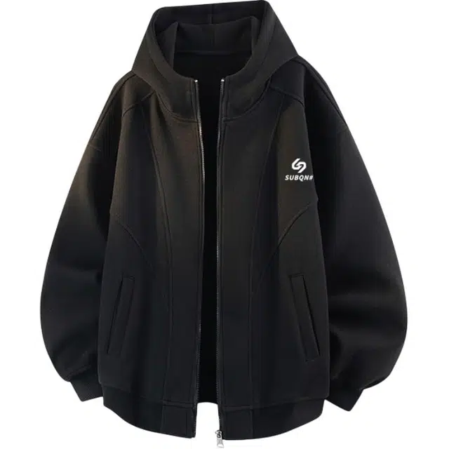 苏北青年 美式高街纯色拼接无性别主义痞帅休闲宽松舒适百搭连帽开衫卫衣 男女同款