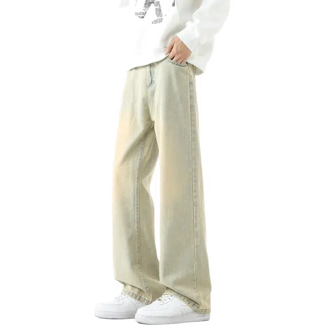 敦煌博物馆 美式高街做旧水洗扩散渐变直筒阔腿微喇垂感显高显瘦休闲长裤高级感潮流无性别主义宽松舒适基础百搭柔软牛仔裤 男女同款