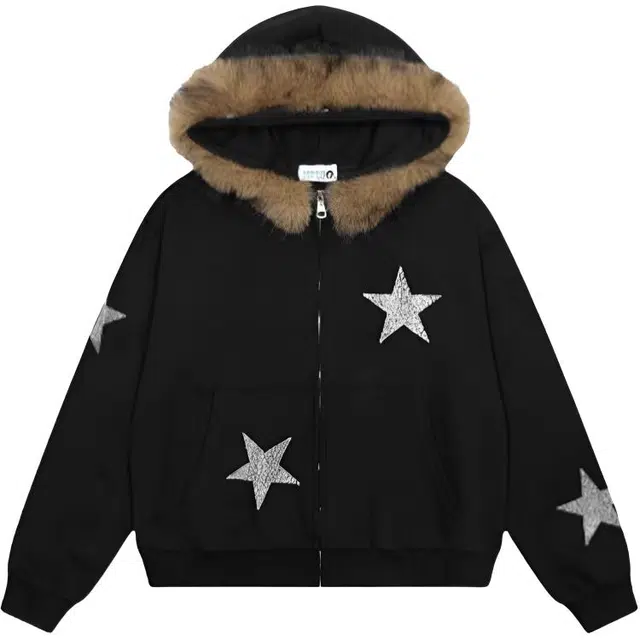 苏九儿 美式复古烫钻毛领开衫连帽秋季宽松休闲情侣卫衣 男女同款