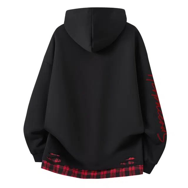 草本初色 美式潮流复古高街撞色拼接格子假两件创意格纹设计感艺术字花体印花简约百搭透气舒适柔软秋季学连帽拉链开衫卫衣 男女同款