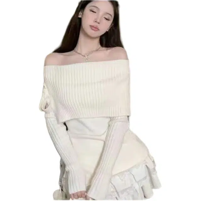 纤丝鸟 纯欲风甜美一字肩露肩蝴蝶结修身开叉衫上衣穿搭针织衫 女款