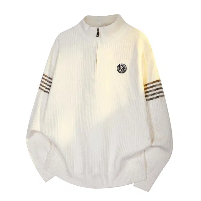 空白町 肌理条纹设计简约学院风少年感舒适亲肤纯色圆领拉链保暖针织衫半开衫落肩长袖个性套头高街潮流多条杠基础款宽松卫衣 男女同款