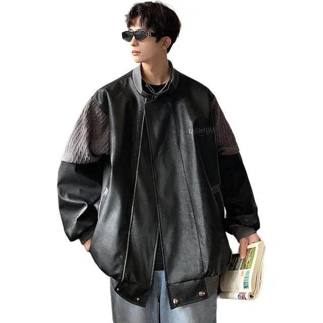 洋气先生 美式复古简约时尚百搭撞色拼接字母印花小众高级感潮流帅气日常通勤运动休闲无性别主义防风防水保暖耐磨外套皮夹克 男女同款