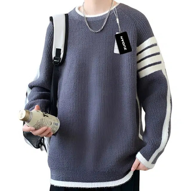 左岸 美式高街男士港风宽松潮牌青少年三条杠男毛线衣男圆领打底衫男休闲舒适百搭港半高领针织衫 男款