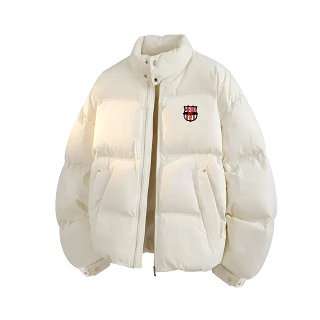 巴塞罗那足球俱乐部 美式高街复古经典款简约纯色字母队徽印花冬季加厚防寒保暖立领百搭休闲长袖外套面包棉服 男女同款