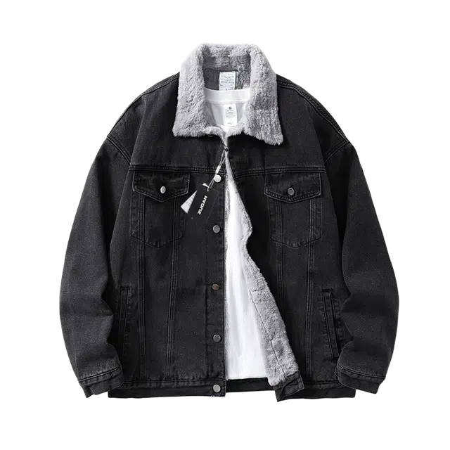 左岸 加绒加厚夹克港风时尚潮牌百搭毛领开衫翻领上衣休闲宽松秋冬防风保暖棉袄牛仔外套 男款