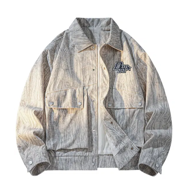 敦煌博物馆 美式复古扎染灯芯绒做旧翻领外套字母万针刺绣宽松舒适高街痞帅无性别主义工装大口袋单排扣长袖夹克 男女同款