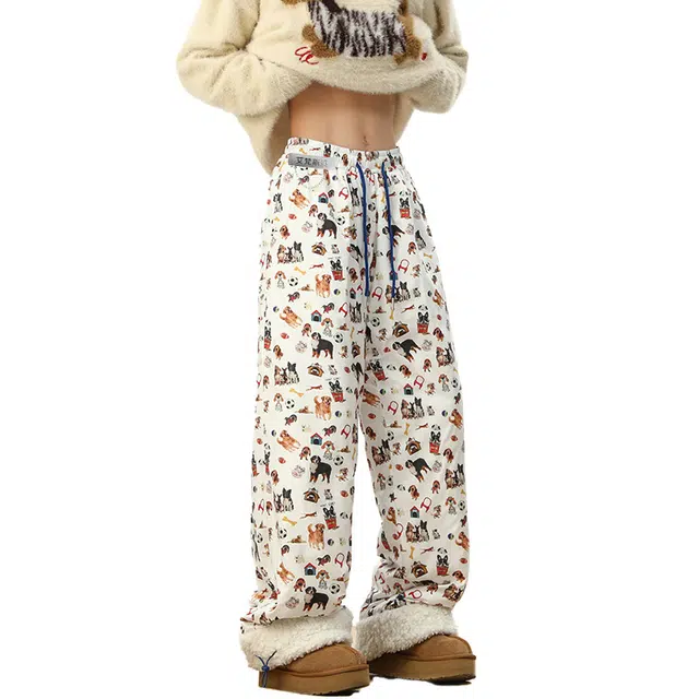 艾梵斯贝 美式复古潮流可爱狗满印小众设计款学院风无性别日常通勤百搭宽松时尚个性街头加绒加厚棉裤情侣款休闲裤 男女同款