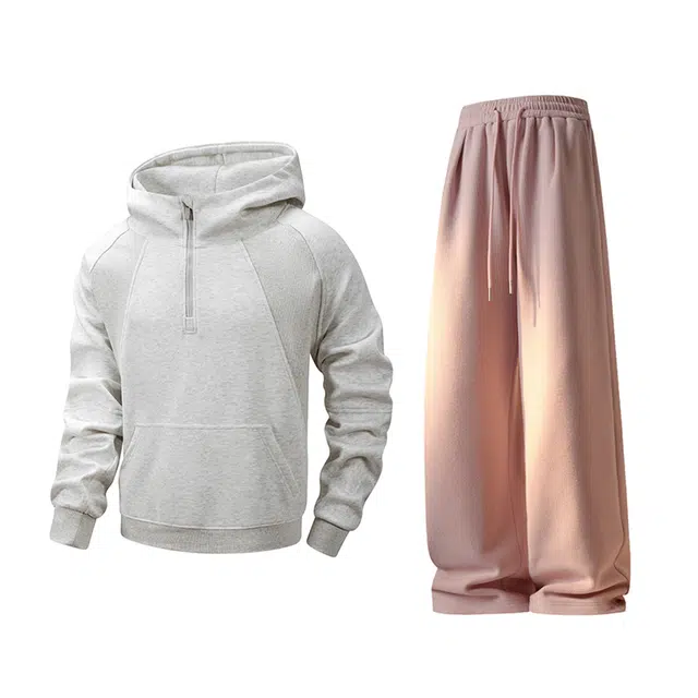 素杭 潮流宽松时尚半拉链连帽卫衣外套搭配抽绳松紧腰纯色直筒阔腿长裤两件套潮牌穿搭一整套休闲运动套装 男女同款