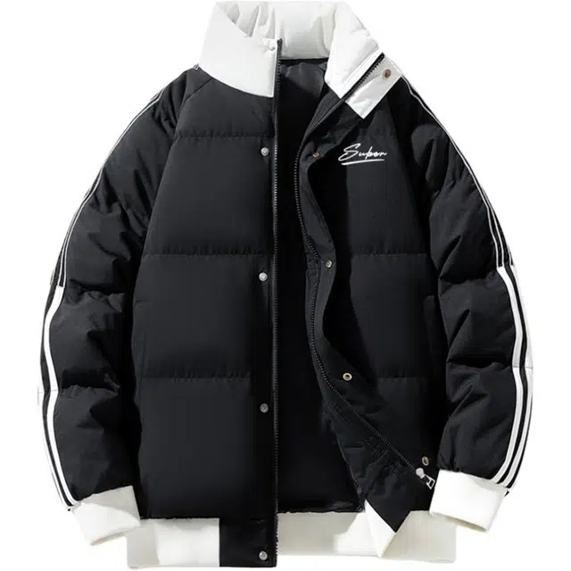 苏北青年   美式高街潮流酷帅撞色条纹拼接设计品牌字母创意印花休闲舒适宽松基础百搭防风抗寒保暖立领棉衣 男女同款