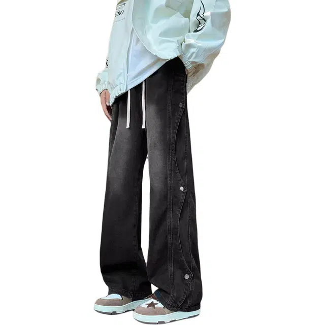 洞洞拐 美式复古潮牌痞帅纽扣拼接水洗渐变休闲结构性设计感牛仔裤 男女同款
