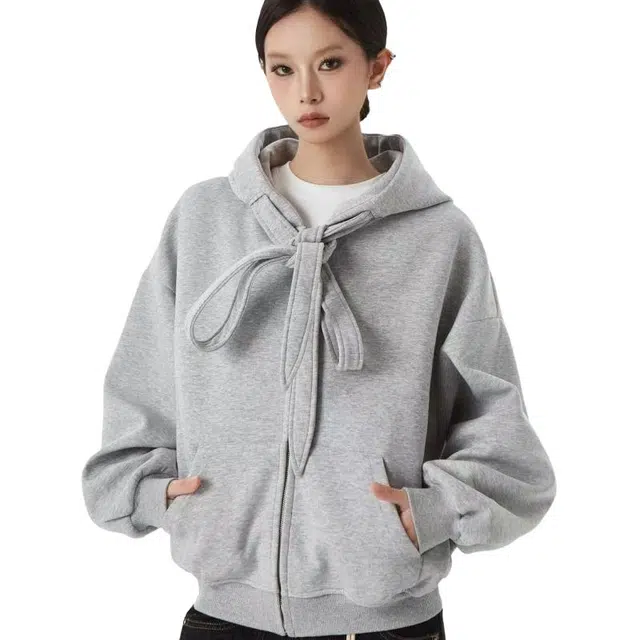 一碗士多 纯色绑带设计廓形开衫美式高街潮流时尚无性别主义情侣宽松舒适百搭日常户外通勤出街拍照小众高级感街头嘻哈风卫衣 男女同款