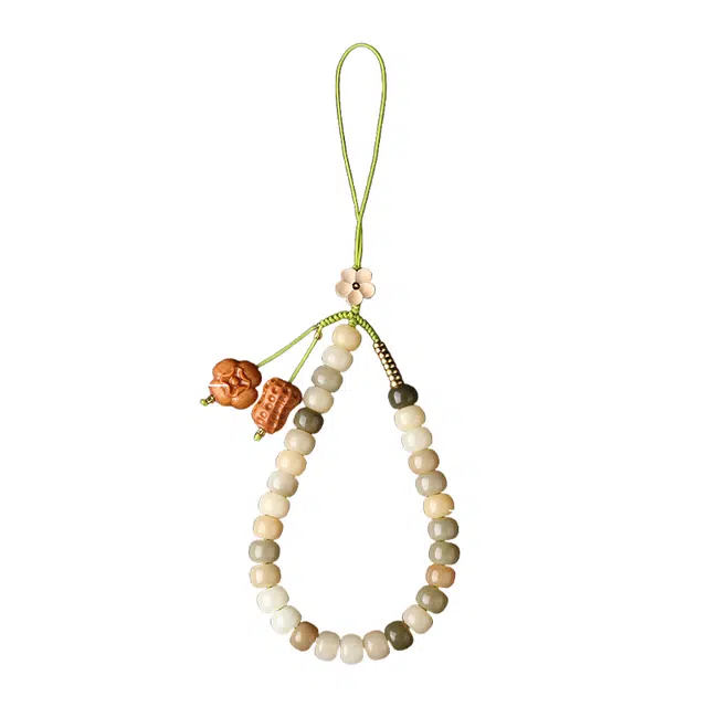 子婳 招财进宝平安顺逐国风复古潮流多彩手机链黄杨木短款文玩 白玉菩提 挂件 男女同款情侣款