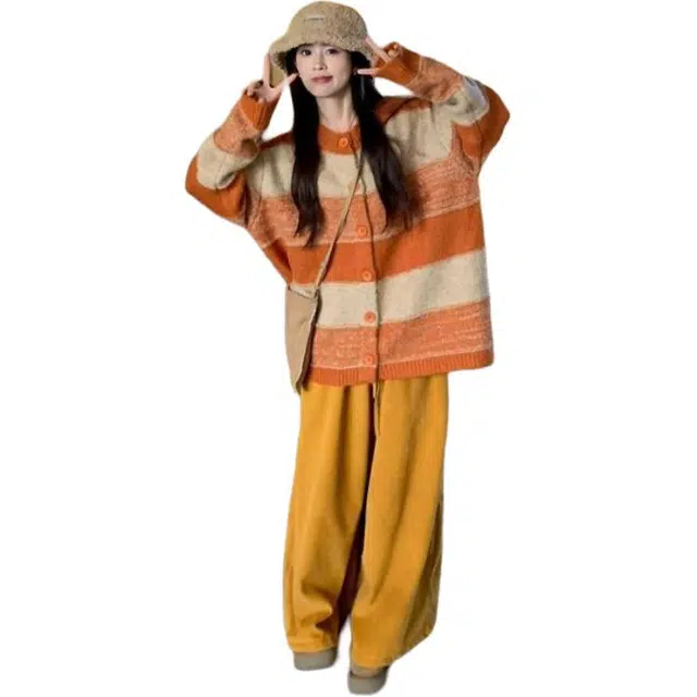 纤丝鸟 慵懒风条纹撞色开衫上衣女氛围感保暖外套潮针织衫 女款