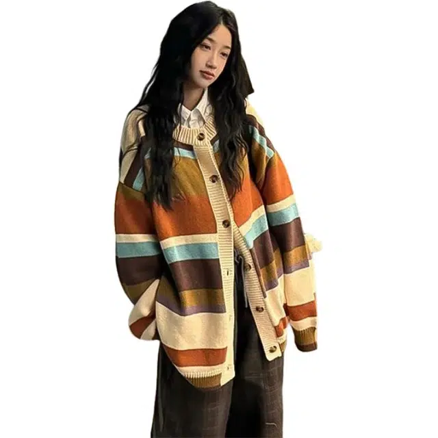 纤丝鸟 宽松休闲韩系复古撞色条纹慵懒百搭开衫外套针织衫 女款