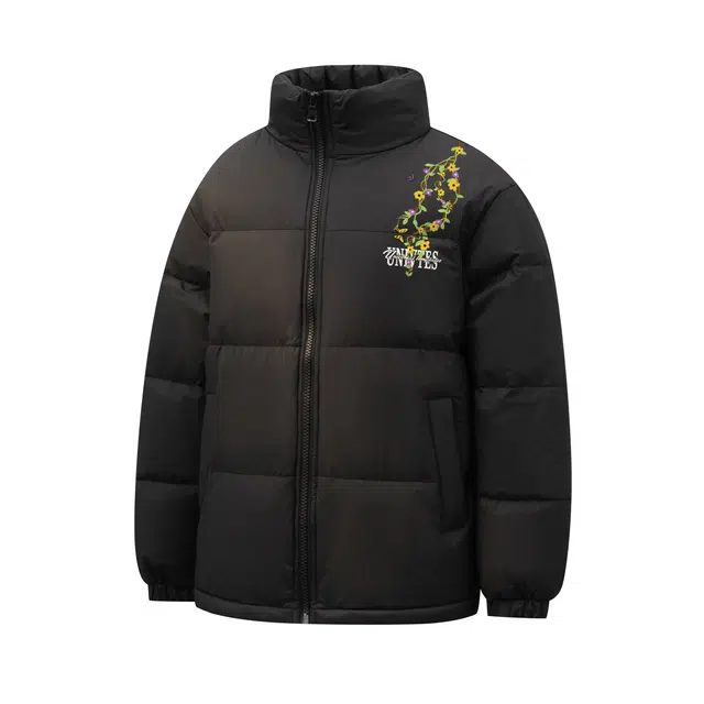 物质公式 鸭绒美式复古高街仿万针刺绣植物花卉无限循环字母印花小众无帽潮流宽松百搭休闲户外通勤加厚保暖锁温御寒面包服羽绒服 男女同款