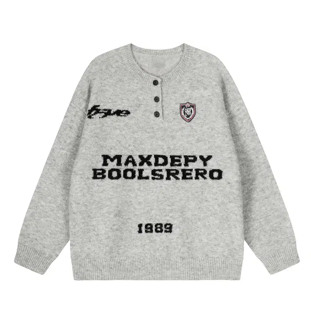 虫小绿 美式复古亨特领字母绣花纽扣套头毛线衣外套秋冬季休闲宽松慵懒设计感百搭针织衫 男女同款