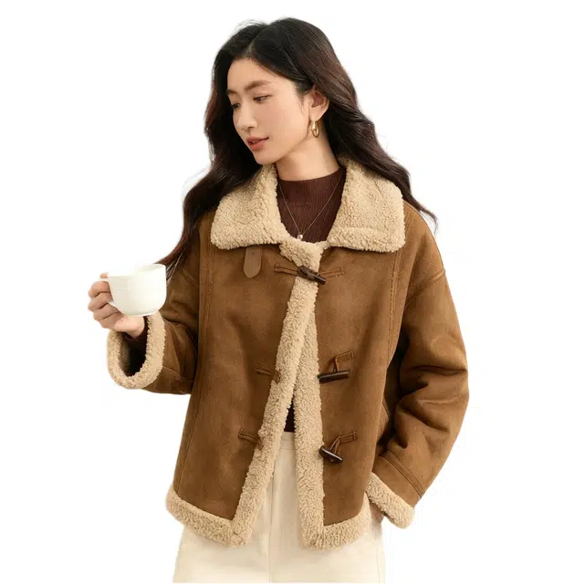 佐塞斯 高端品质轻奢美拉德皮毛一体麂皮绒冬季加绒牛角扣上衣仿生皮草绒感外套 女款