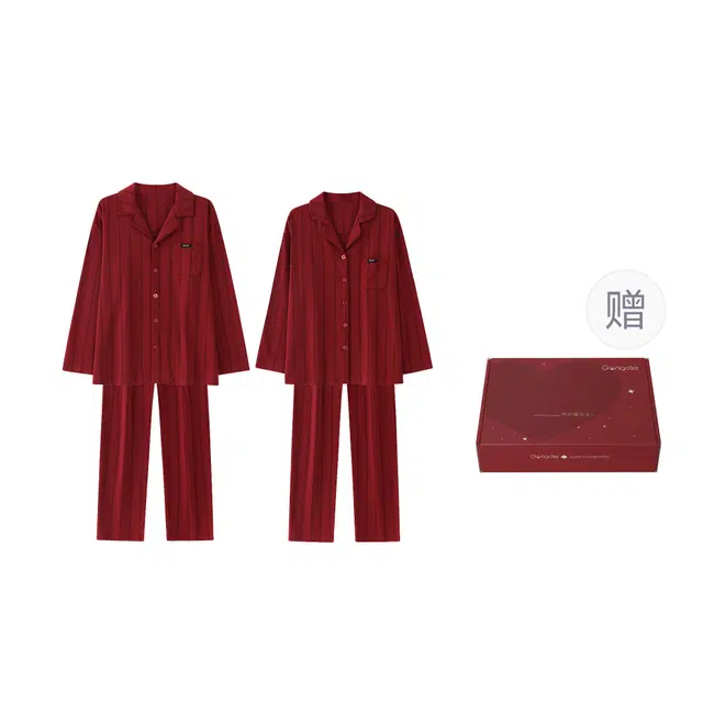 宫蝶 柔软长袖家居服条纹休闲大码宽松简约可外穿睡衣礼盒 男女同款