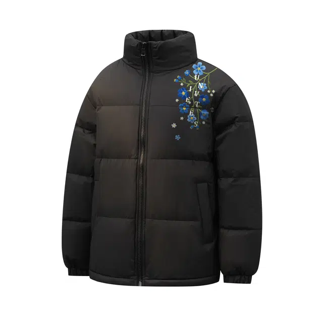 物质公式 鸭绒美式复古高街仿刺绣植物花卉无限循环字母印花小众设计无帽潮流宽松百搭休闲户外通勤加厚保暖御寒不臃肿面包羽绒服 男女同款
