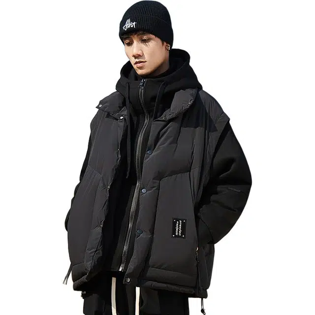童先森 假两件连帽男冬季大口袋工装风加厚保暖国潮白鸭绒外套羽绒服 男款