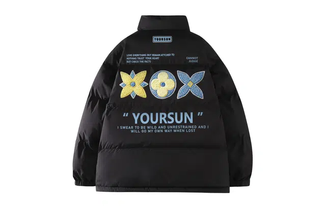 宜而爽 美式高街复古学院风仿刺绣花卉图案字母印花宽松休闲运动加厚保暖立领防风棉衣面包服外套日常通勤百搭棉服 男女同款