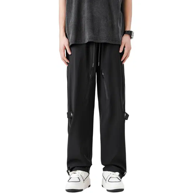 洋气先生 美式复古高街多带扣侧边拉链可开设计感时尚潮流帅气百搭宽松阔腿垂感拖地松紧中腰系带直筒显高显瘦氛围感弯刀休闲裤 男女同款