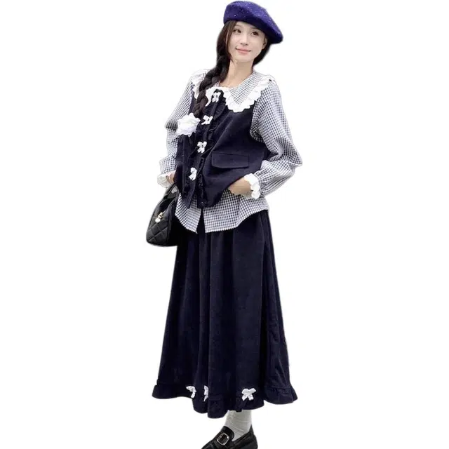 纤丝鸟 日系甜美娃娃领格子衬衫木耳边马甲半身裙时尚女裙装套装 女款