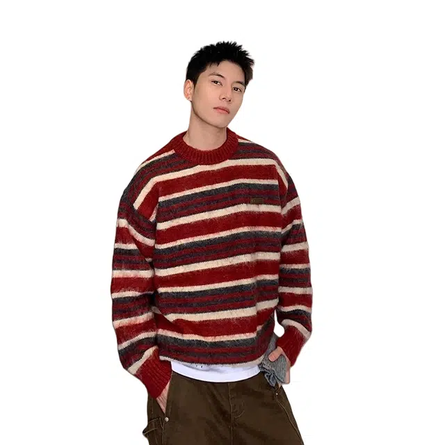 虫小绿 美式复古条纹撞色圆领上衣宽松仿貂绒外套慵懒风秋冬季保暖打底长袖百搭休闲针织衫 男女同款