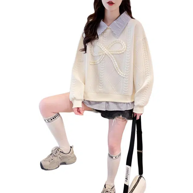 邦固依品 薄款女春秋季款宽松大码女装设计感小众假两件拼接翻领上衣卫衣 女款