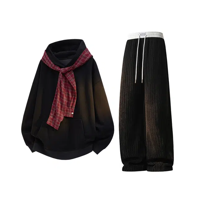 素杭 潮流宽松披肩连帽卫衣外套搭配个子松紧腰直筒阔腿长裤休闲运动套装 男女同款