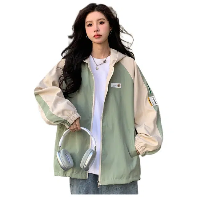 邦固依品 春秋连帽外套女初中高中学生韩版宽松百搭工装棒球服港风夹克 女款