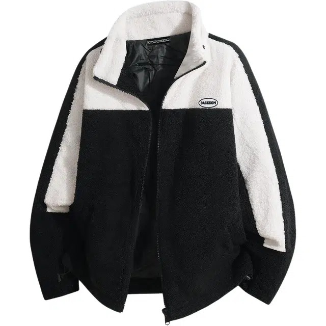 大卫贝肯 美式高街字母刺绣简约百搭撞色软糯羊羔绒加绒加厚保暖防寒宽松休闲舒适慵懒高级感拉链绒感外套 男女同款