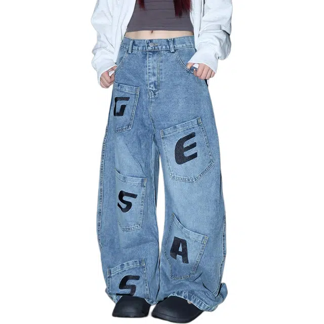如续 美式高街刺绣潮牌多口袋工装弯刀裤设计感阔腿牛仔裤 女款