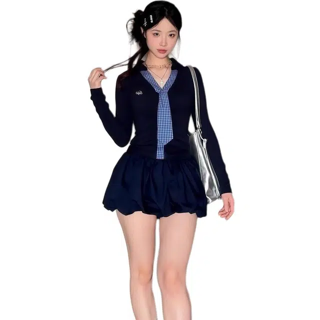 纤丝鸟 韩系学院风格子领带显瘦长袖上衣半身裙两件套裙装套装 女款
