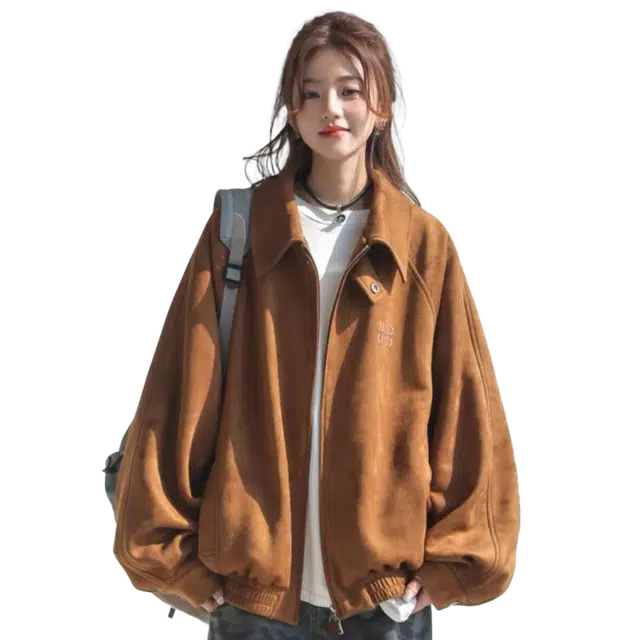 一碗士多  字母刺绣纯色线条别致翻领宽松静默美式复古简约小众设计高级感无性别主义日常情侣城市户外通勤韩系慵懒风棒球服 男女同款