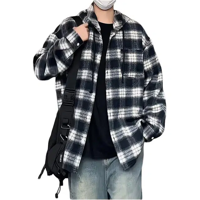 宝米卡 美式格子连帽秋季宽松慵懒风衬衣痞帅春秋情侣毛呢外套衬衫 男女同款