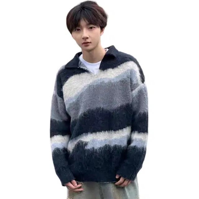 蛊惑 秋冬美式复古慵懒风仿貂毛撞色条纹男翻领宽松休闲套头上衣针织衫 男女同款