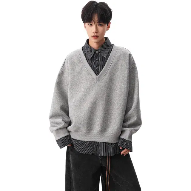 拓菲 美式拼接假两件上衣条纹春秋款大码男秋冬季外套卫衣 男女同款