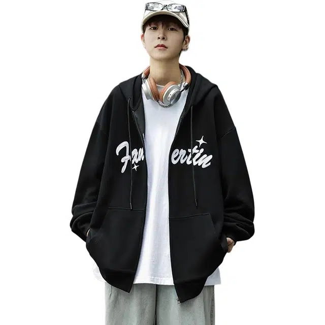洋气先生 美式复古休闲时尚潮流高街百搭学院风简约基础款潮牌透气舒适柔软慵懒氛围感开衫连帽万针刺绣字母加绒外套卫衣 男女同款