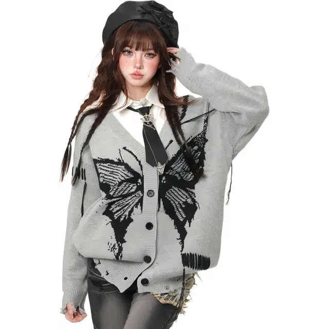 纤丝鸟 美式个性蝴蝶提花设计圆领秋冬宽松开衫针织衫 女款