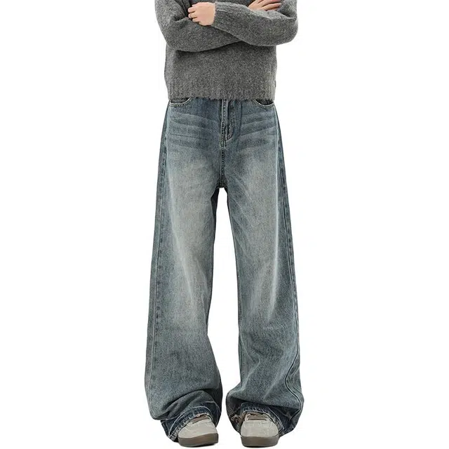 加荣 美式复古高腰牛仔裤男秋季宽松休闲直筒裤男生时尚高级感阔腿裤男款百搭拖地裤男士垂感弯刀裤男穿搭舒适长裤 男女同款